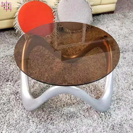 Mesa de vidrio templado redondo transparente de 8 mm 10 mm de color gris transparente con hardware de acero